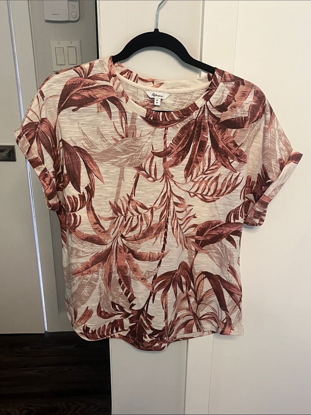 Reitmans Cream Tee with Rust Tropical Leaf Print and matching Rust wide leg pant